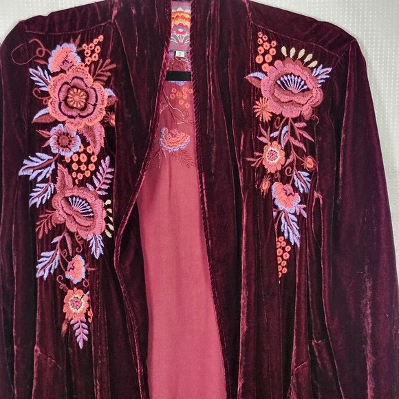 JOHNNY WAS Marcella Velvet Duster Silk Blend Embroidered S Wine - Picture 3 of 10